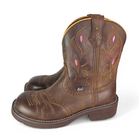 Justin Gemma 8" Round Toe Western Cowboy Boots Dark Brown GY9526 Women's 7B - Picture 2 of 10